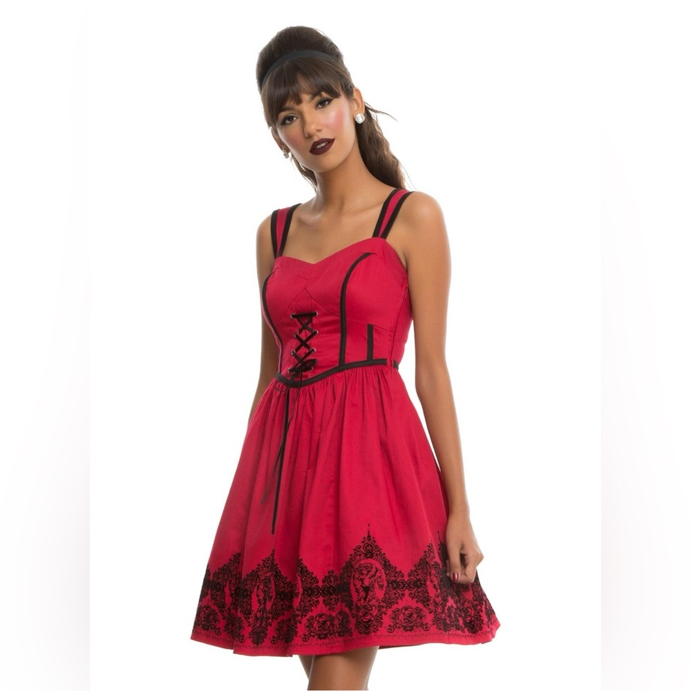 Hot Topic Red & Black Velvet Print Border Skull and Roses Dress - Size Small